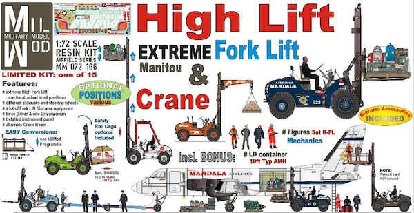 High Lift Manitou w. Roll Cage & 10ft LD-Container a lot of Fork Lift Equipment, Mechanic Figures  MM072-166