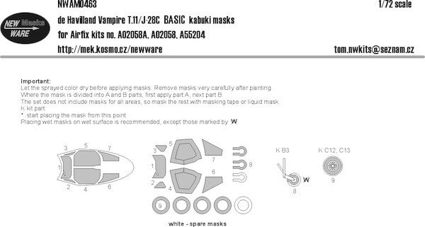 De Havilland Vampire T11/J26C BASIC painting Masks (Airfix)  NWAM0463