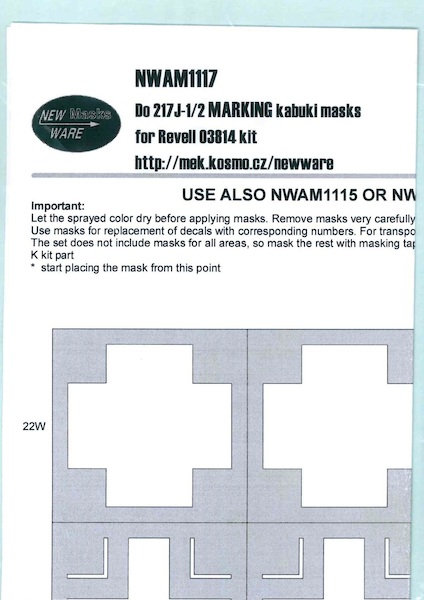 Dornier Do217J-1/2 NATIONAL MARKINGS Painting Masks (Revell) NWAM1117