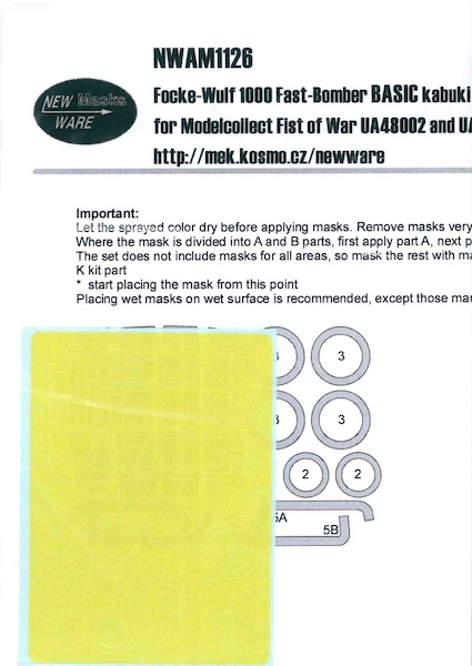 Focke Wulf 1000 Fast Bomber BASIC Painting Masks (Modelcollect) NWAM1126