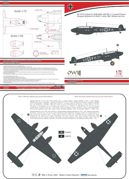 Messerschmitt BF110D-3 Spanner  (Lt. leopold Fellerer  II./ NJ1 Bergen aan Zee. Holland )  OWLDA72006