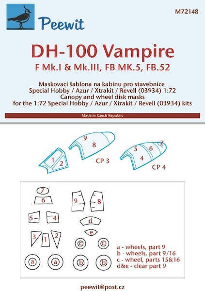 de Havilland Vampire  F1/3, FB5 Canopy and wheel masking (Special Hobby, Azur, Revell)  M72148