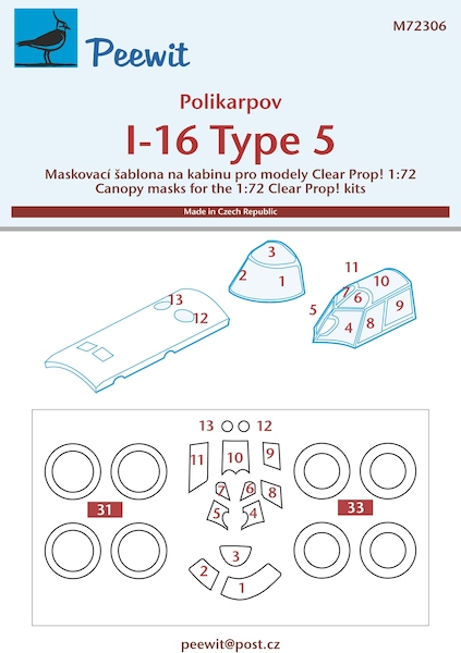 Polikarpov I-16 Type 5 Canopy and wheel masks (Clear Prop model) For 2 models M72306