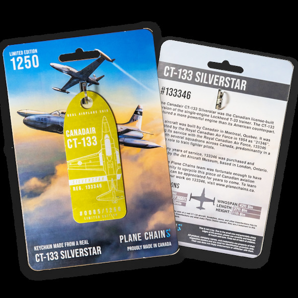 Keychain made of real aircraft skin: Canadair CT-133 Silverstar RCAF Royal Canadian Air Force 133346 (Yellow) CT-133 YELLOW