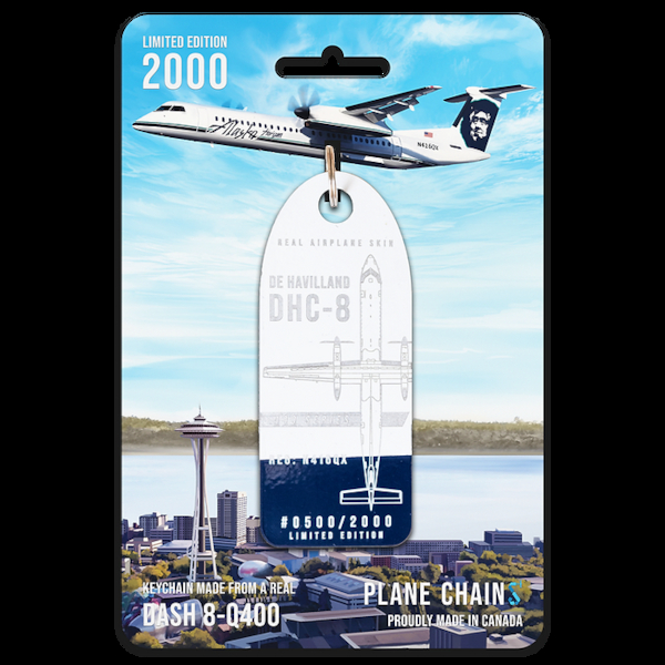 Keychain made of:  De Havilland DHC-8 Q400 Alaska Horizon Airlines N416QX (variable blue)  N416QX BLUE