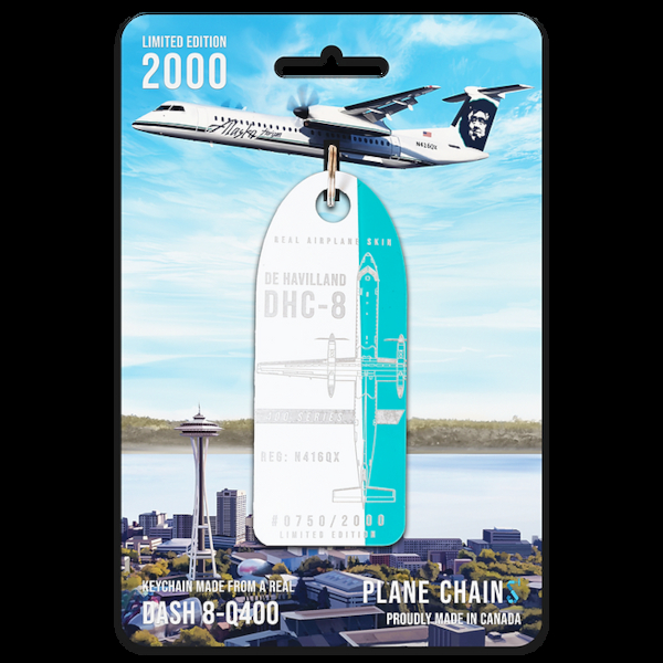 Keychain made of:  De Havilland DHC-8 Q400 Alaska Horizon Airlines N416QX (variable green)  N416QX GREEN