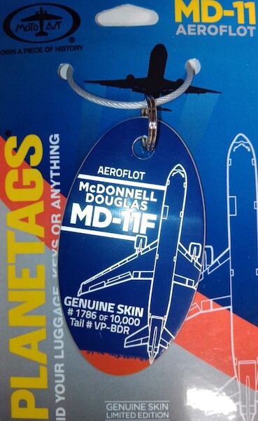 Keychain made of real aircraft skin: McDonnell Douglas MD11F Aeroflot - VP-BDR (combo Blue Orange colours) MD-11 BLUE-OR