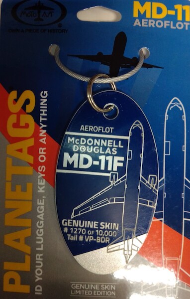 Keychain made of real aircraft skin: McDonnell Douglas MD11F Aeroflot  - VP-BDR (combo Blue Silver colours)  MD-11 BLUE-SIL