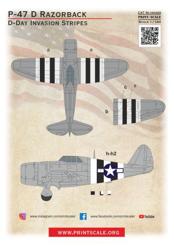 P-47D Thunderbolt Razorback. D-Day Invasion Stripes PRS144-025