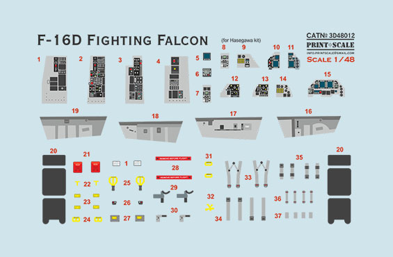Instrument panels, Seatbelts , cussions etc. for Lockheed-Martin F-16D Fighting Falcon (Hasegawa) PRS3D48-012