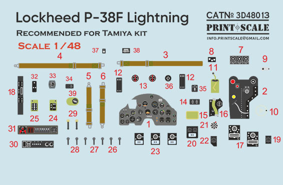 Instrument panels, Seatbelts etc. for Lockheed P38F Lightning (Tamiya) PRS3D48-013