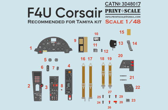 Instrument panels, Seatbelts etc. for Vought F4U Corsair (Tamiya) PRS3D48-017
