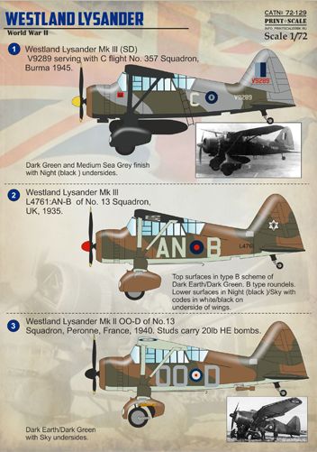 Westland Lysander (Turkish AF, RAF SEAC, RCAF, Free French AF, Royal Navy, RAF) PRS72-129