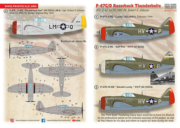 Republic P47C/D Razorback Thunderbolts of 61/62 Fighter Squadron/ 56 Fighter Groups Robert S. Johnson PRS72-505