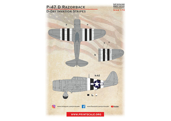 P-47D Thunderbolt Razorback. D-Day Invasion Stripes  PRS72-542