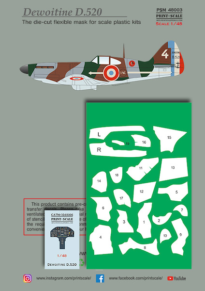 Dewoitine D.520 mask +decal +3D Instrument panel decal PSM48003