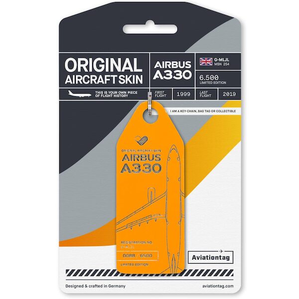 Keychain made of real aircraft skin: Airbus A330 Thomas Cook G-MLJL (yellow) G-MLJL YELLOW