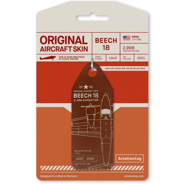 Keychain made of real aircraft skin: Beechcraft 18 C45H N6NA (brown) N6NA BROWN