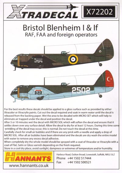 Bristol Blenheim MK1 and MK1F (RAF, FAA and Foreign Operators) X72202