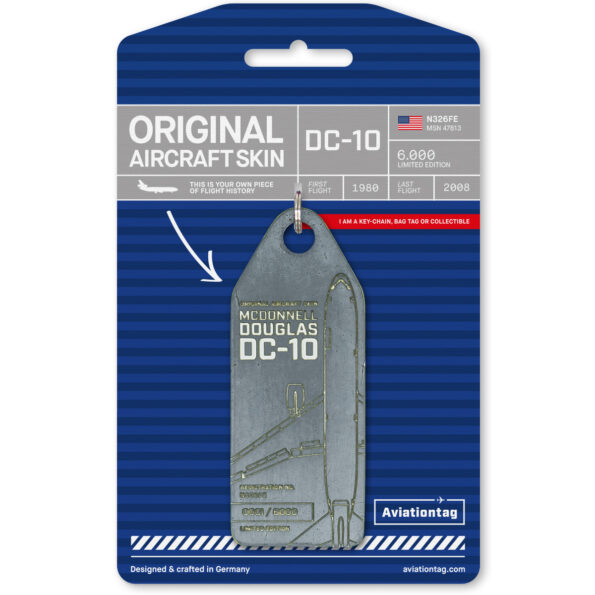 Keychain made of real aircraft skin: McDonnell Douglas DC-10-30 N326FE United Airlines (grey) N326FE-GREY
