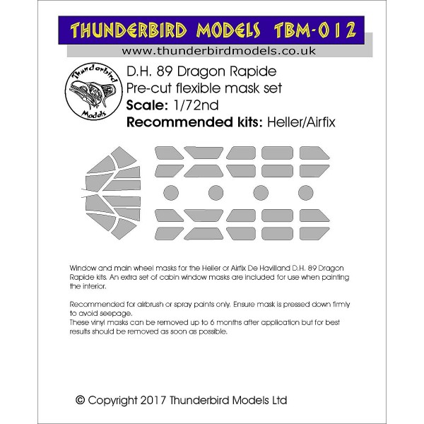 De Havilland DH89 Dragon Rapide/Dominie paint masks (Heller/Airfix) TBM-012