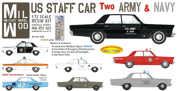 Ford Galaxie  Staff Car two -US Army and Navy , police etc. 4-Door Sedan + 3 Figures, Roof Equipment  MM072-022