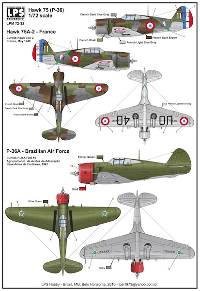 LPS Decals 1/72 CURTISS HAWK 75A-2 or P-36A HAWK France & Brazil 