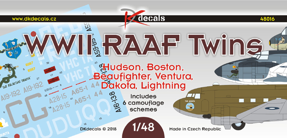 WWII RAAF Twins; Hudson, Boston, Beaufighter, Ventura, Dakota, Lightning (6 camo schemes) DK48016