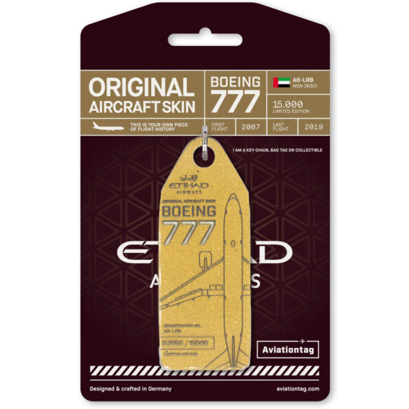 Keychain made of real aircraft skin: Boeing 777 Etihad A6-LRB gold A6-LRB-GOLD