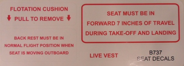 B737 pilots seat stickers. DEC73-4