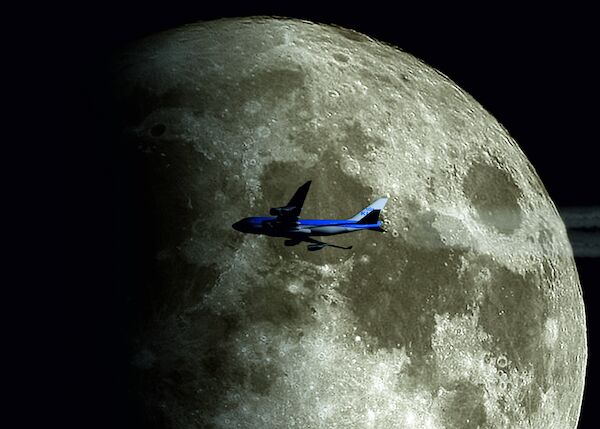 KLM Boeing 747-400 in flight with moon on background on aluminum sandwich plate KL747 MOON