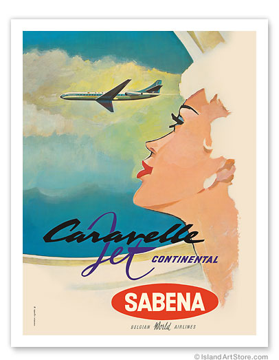 Sud Aviation Caravelle Jet - Sabena Belgian World Airlines - c. 1961 Vintage metal poster  MTSA9179