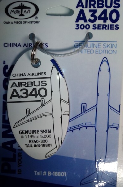 Keychain made of real aircraft skin: Airbus A340-300 B-18801 China Airlines (white with small bit of bue combo A340 B-18801 WHITE