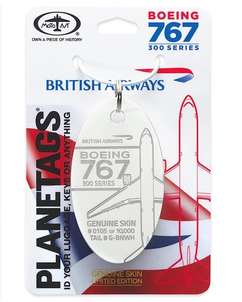 Keychain made of real aircraft skin: Boeing 767 British Aiways G-BNWH White BA 767-WHITE