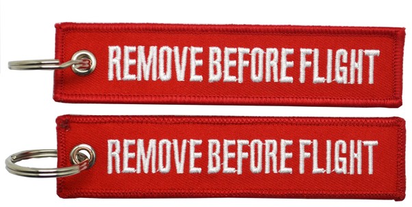 Keyholder with REMOVE BEFORE FLIGHT on both sides, red background KEY-RBF