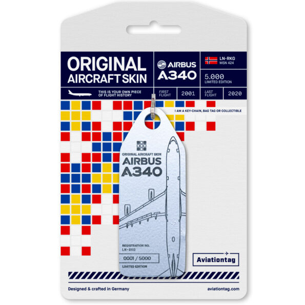 Keychain made of real aircraft skin: Airbus A340-300 SAS Scandinavian LN-RKG (silver) LN-RKG SILVER