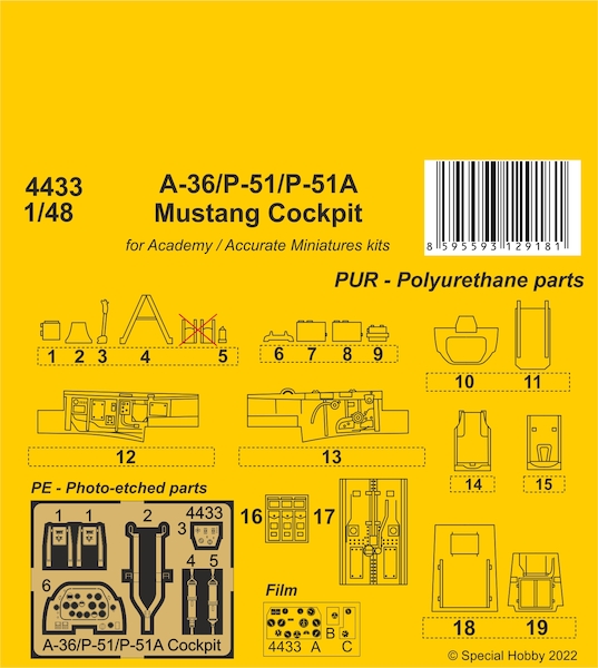 North American A-36/P-51/P-51A  Mustang Cockpit set (Academy/Accurate Miniatures)  CMKA4433
