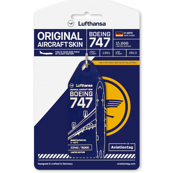 Keychain made of real aircraft skin: Boeing 747-400 Lufthansa D-ABTE (blue) D-ABTE BLUE