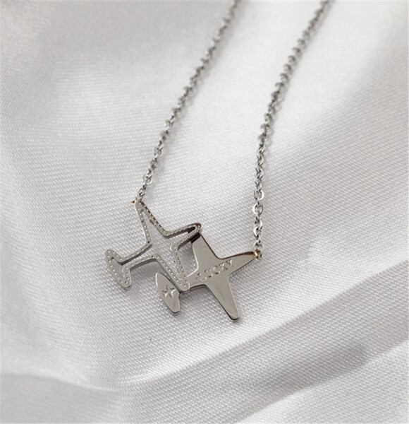 Stainless Steel Silver Color Double Horizontal Airplane Pendants Necklaces  NECK SILVER HOR