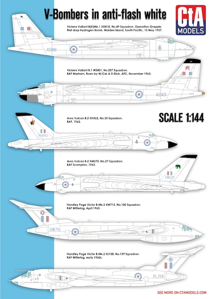 V-Bombers in Anti-flash white - Vickers Valiant, Avro Vulcan, Handley-Page Victor. (REPRINT) CTA-002