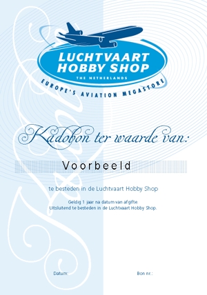 Luchtvaart Hobby Shop Kadobon ter waarde van 100 euro (Gift Voucher)