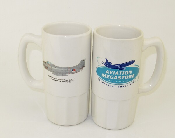 Tall Mug F-86K Sabre, Kaasjager, Royal Netherlands AF, KLU Twenthe AB on one side, Aviation Megastore on other side. MUG-F86K tall