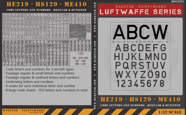 Luftwaffe code letters and numbers - regular and outlined for He219, HS219, Me410 (432 caracters) MM32054
