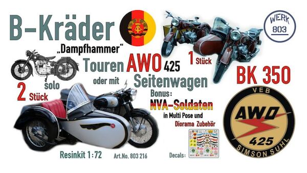 B-Kräder, IFA Motorräder (Motorbikes) BK350 mit seitenwagen & Simson AWO-425 inluding NVA figures in multipose 803216