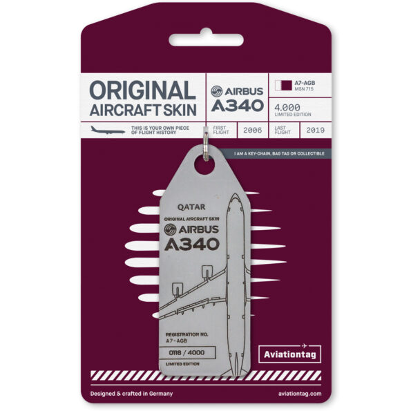 Keychain made of real aircraft skin: Airbus A340-600 Qatar A7-AGB A7-AGB