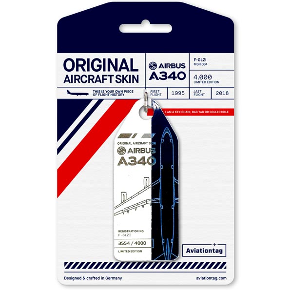 Keychain made of real aircraft skin: Airbus A340 Air France F-GLZI white/blue F-GLZI white-blue