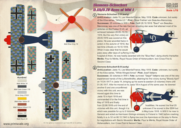 Siemens Schuckert D.III/D.IV Aces of WW1 PRS72-264