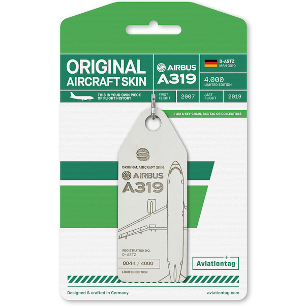 Keychain made of real aircraft skin: A319 D-ASTZ Germania 4260411671558