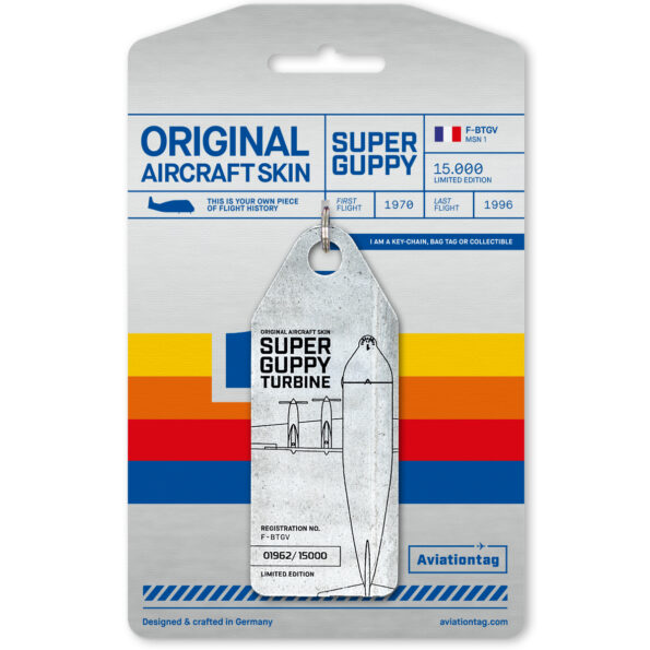 Keychain made of real aircraft skin: Aero Spacelines Super Guppy F-BTGV (blanc) F-BTGV-BLANC