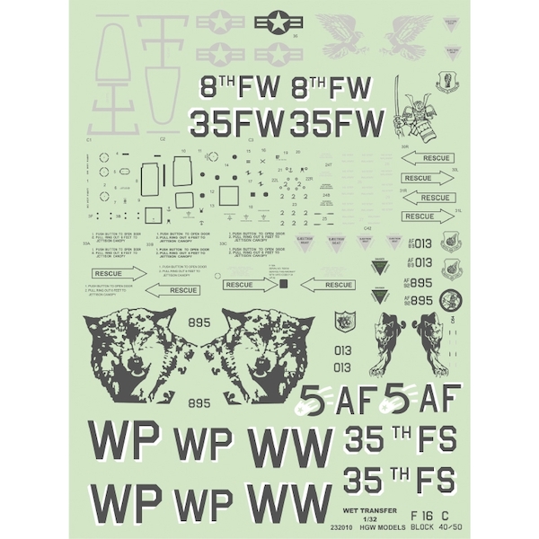Wet Transfer stencils and markings for F16C Block 40/50 Fighting Falcon HGW232010
